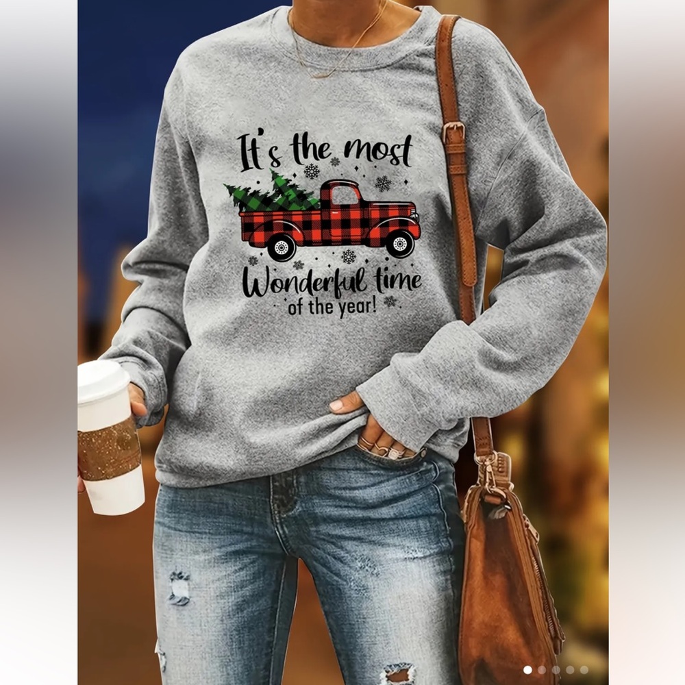 Christmas Graphic Pattern Pullover Blouse Casual Long Sleeve Crew Neck Top Small